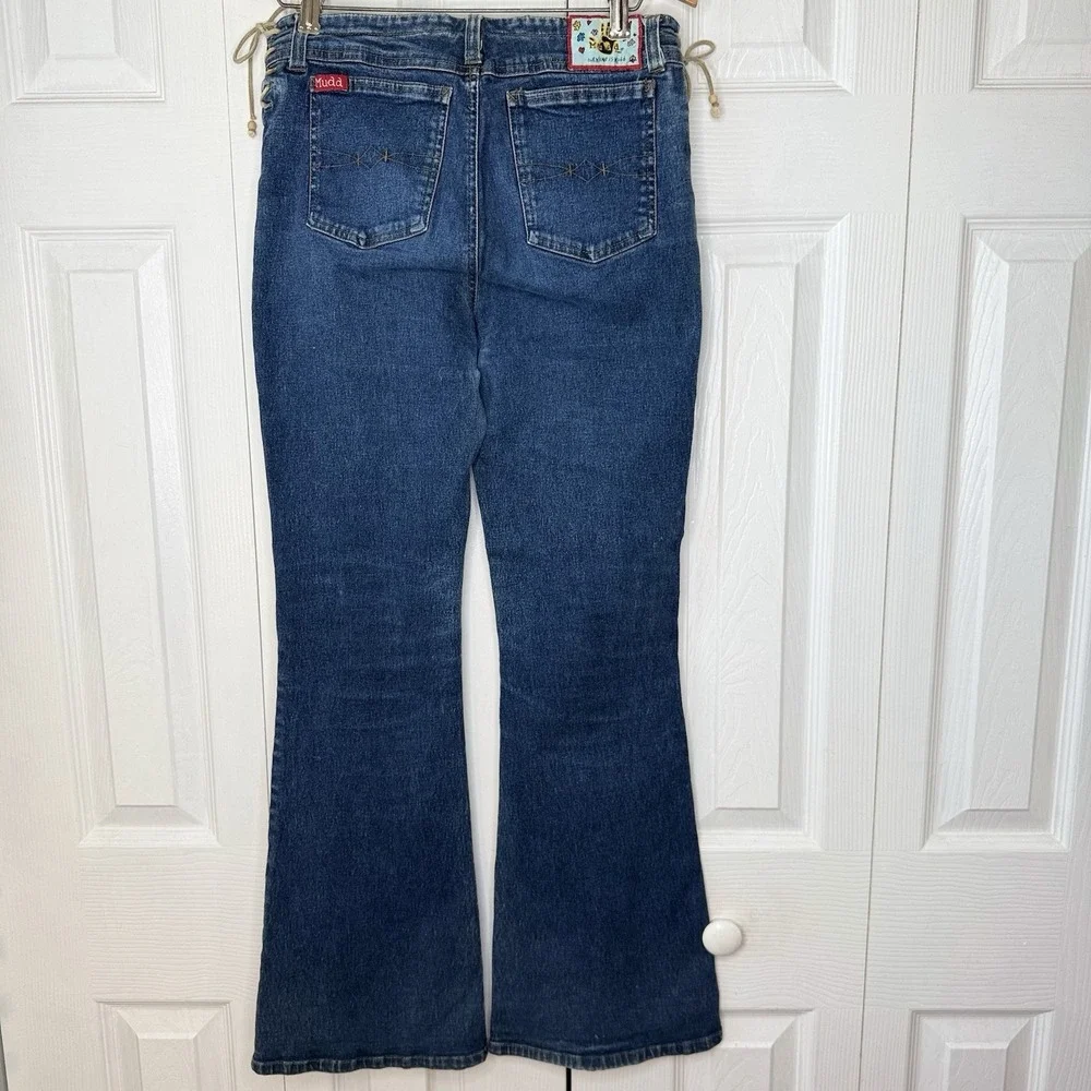Vtg Y2K Mudd Lace Up Side Flare Jeans Size 16 Blue Dark Wash Boho Festival Bell